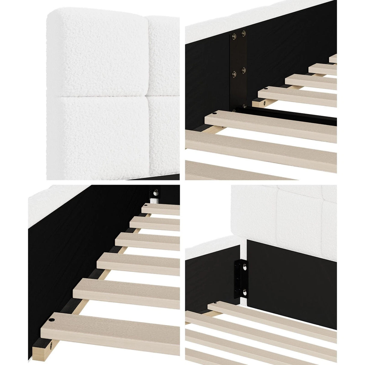 Botelia White Boucle Low Profile Bed Frame| Luxurious Tufted Premium Fabric Ground Bed
