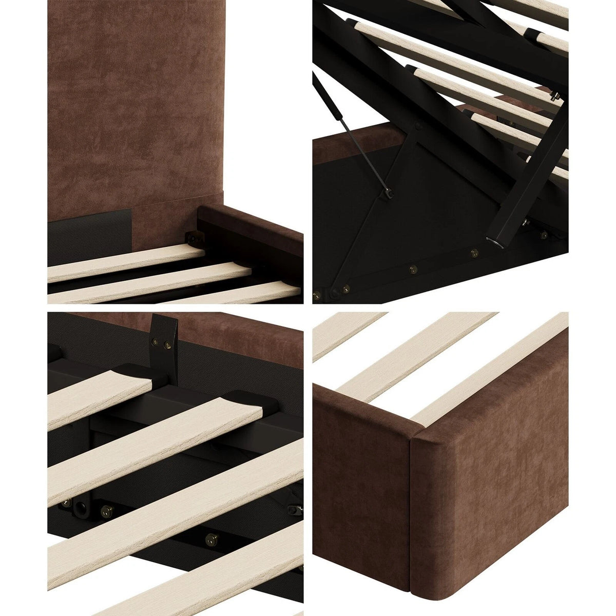 Brown Cloud Marshmallow Velvet Touch Gas Lift Bed | Soft Padded Arched Fabric Storage Bed Frame