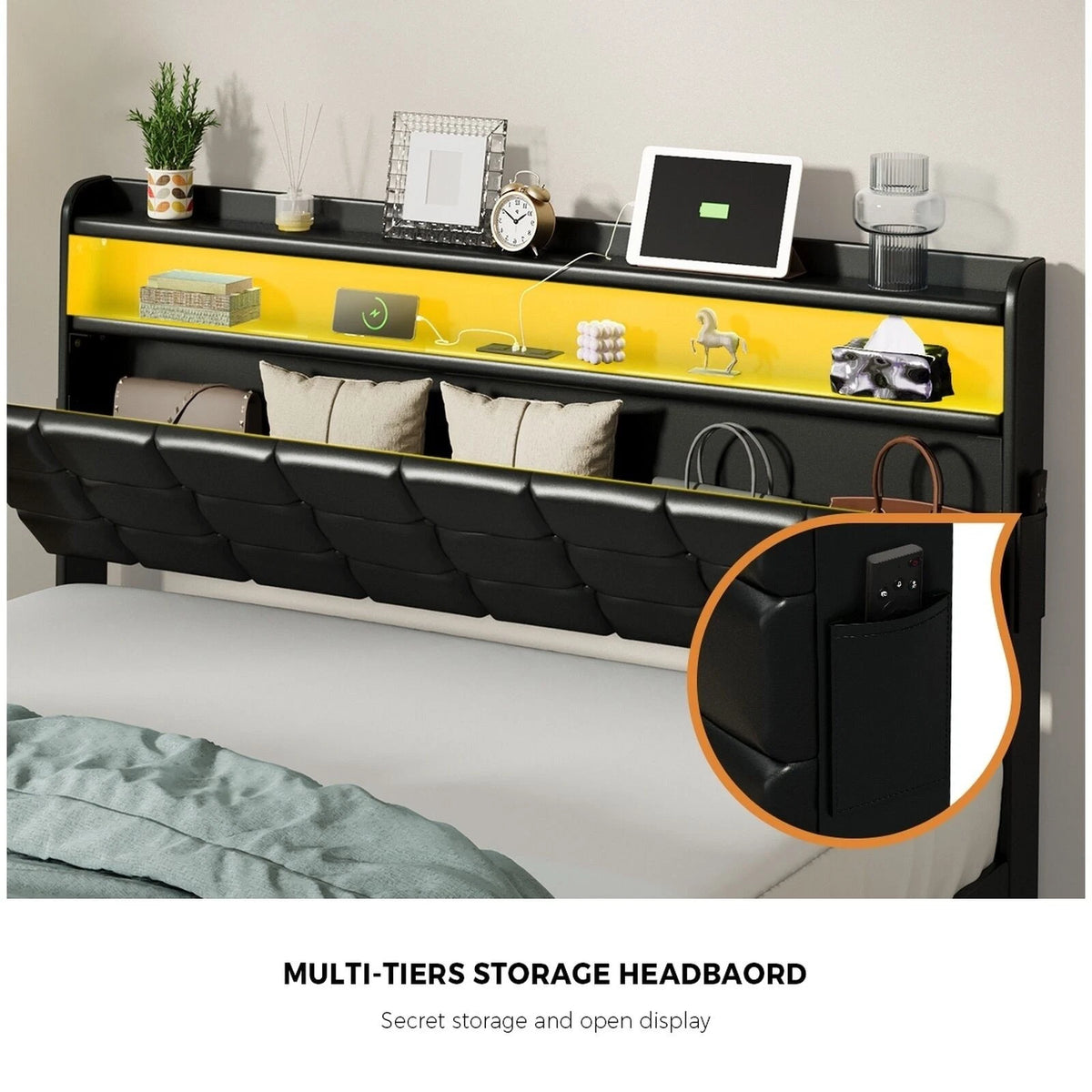 Nero LED Gas Lift Storage Bed with USB Charging | PU Leather Black LED Lights Bed Frame Dual Storage