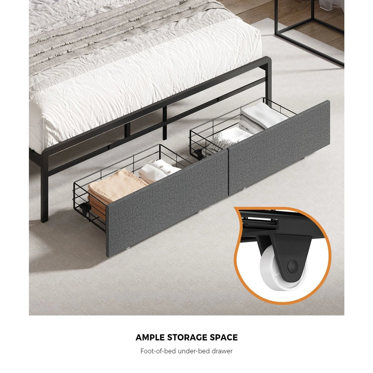 Coogee LED Storage Bed with USB Charging | Premium Grey Fabric LED Lights Bed Metal Frame Front Draws