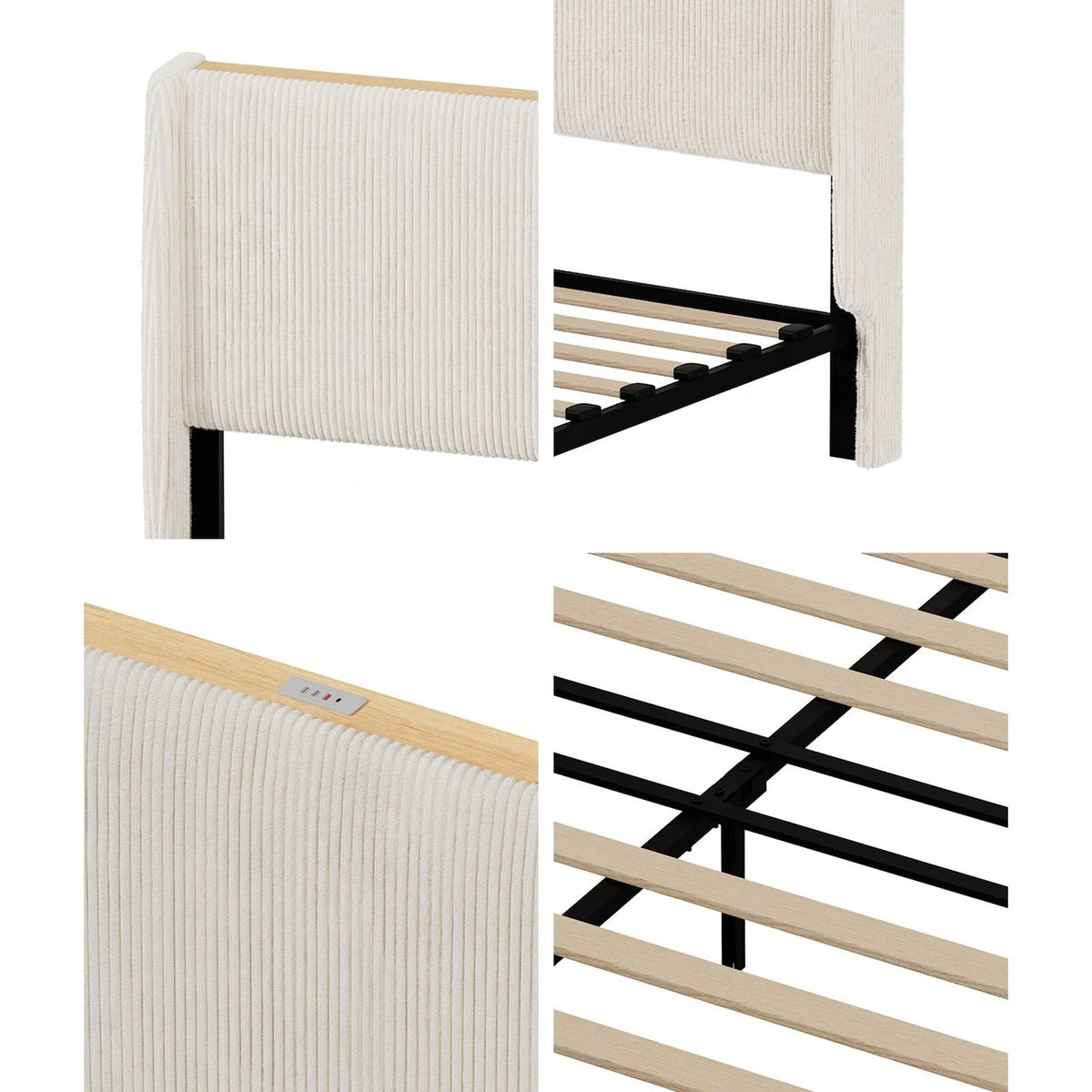 Palazzo LED Storage Bed w USB Charging | Beige Premium Soft Fabric Ambient Lighting Bed Frame