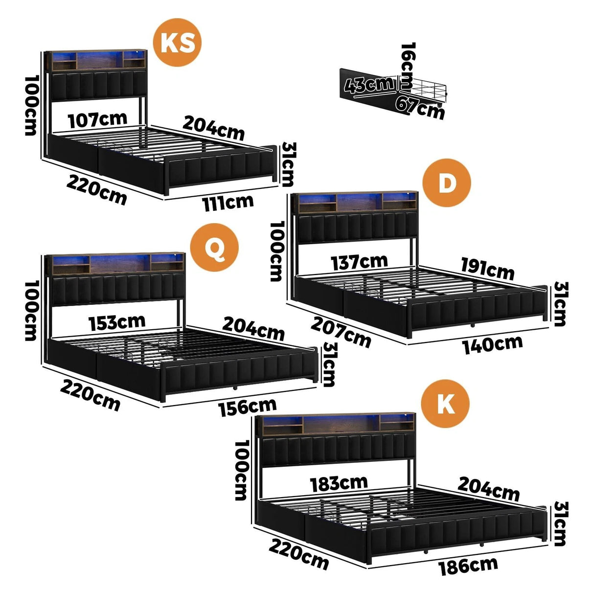 Duomo LED Black PU Leather Storage Bed with USB | Multi Functional Storage LED Lights Bed Frame