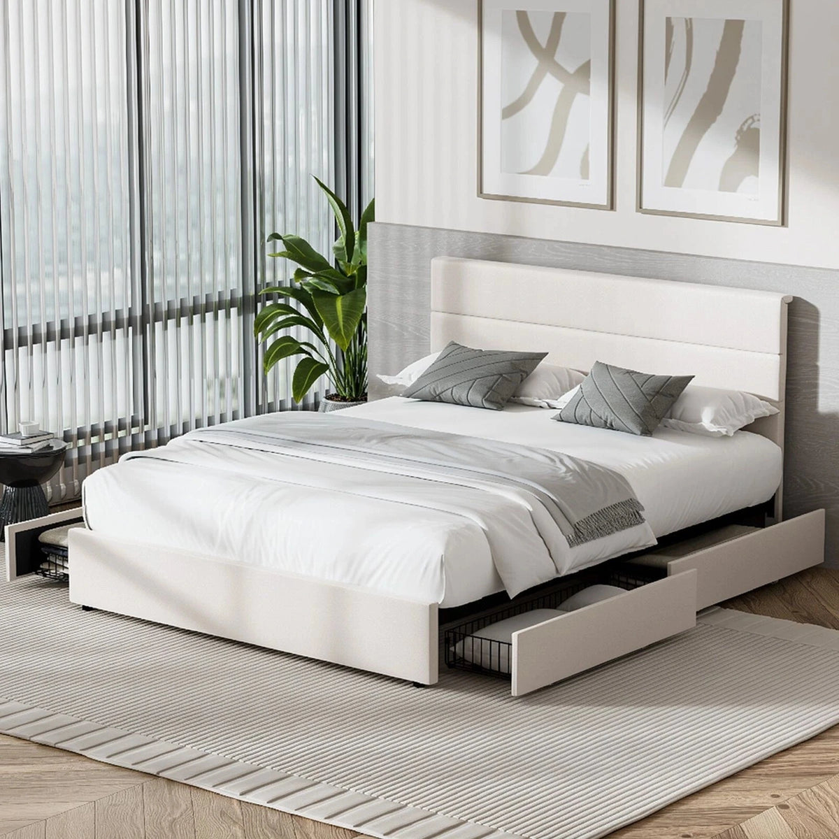 Kensington Padded Fabric Beige Bed | Cushioned Upholstered Luxe Fabric Bed Frame