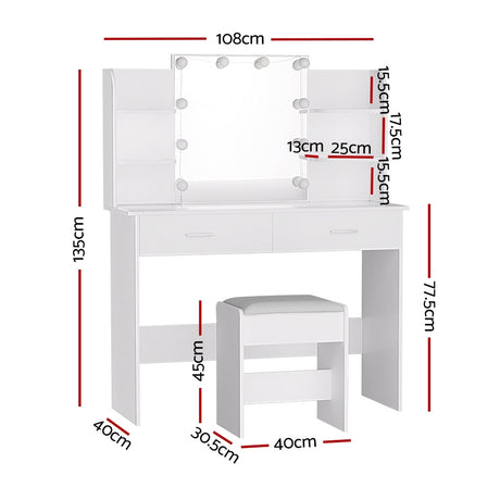 Starque LED Mirror Dressing Table and Makeup Stool Set | 10 Light Hollywood Mirror Makeup and Storage Unit