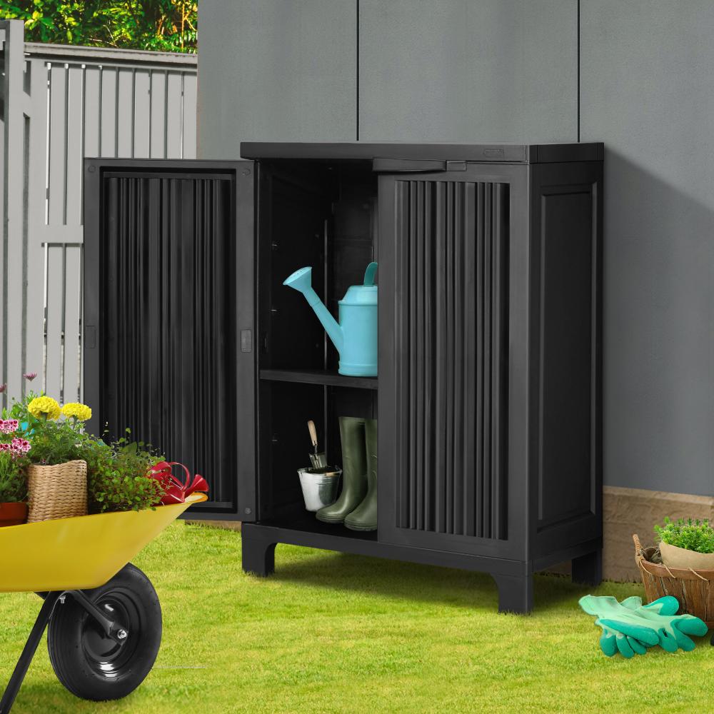 Forte Weatherproof Outdoor Storage Cabinet Box Lockable Garden or Garage Storage Cupboard by Livsip Black Corrugated Door Half Cabinet