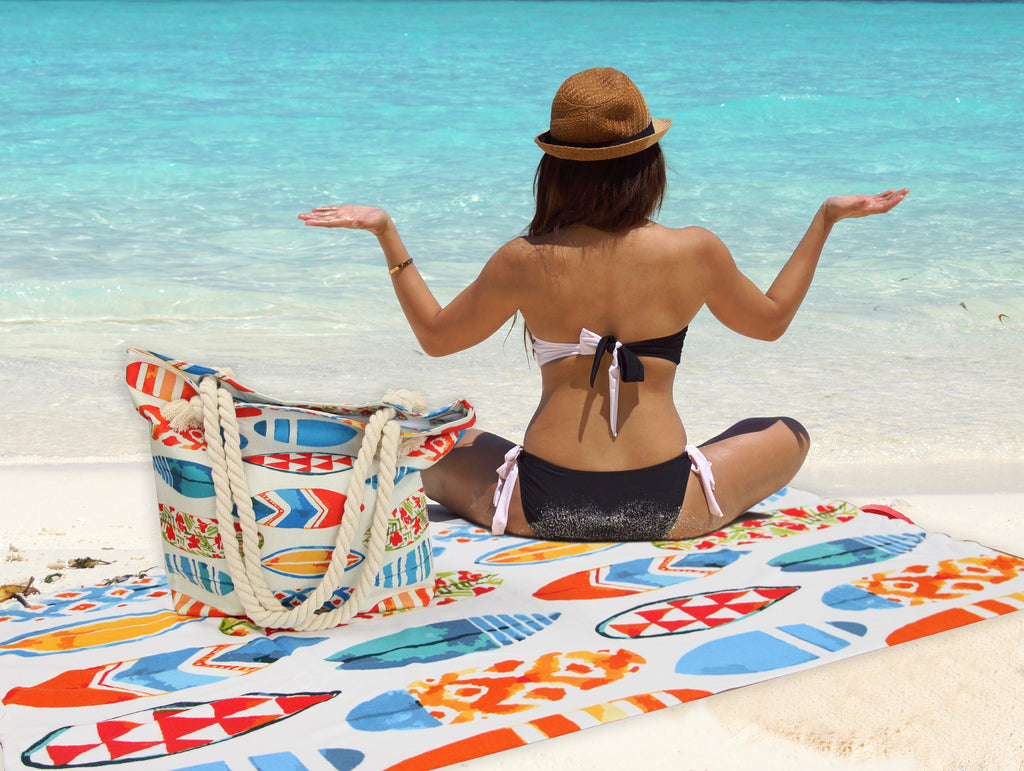 Shangri-La Printed Velour Large Beach Towel & Tote Bag Combo | Summer Beach Pack | 4 Designs Beach Towels Surfboard Ontrendideas Bed and Bath
