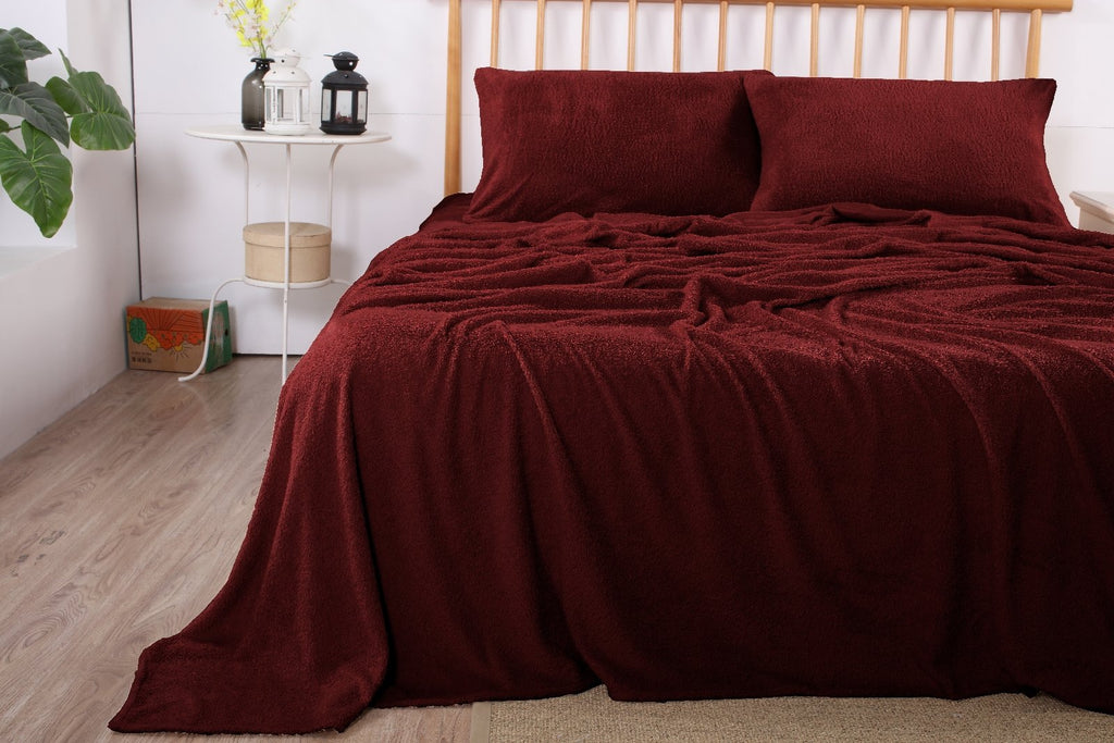 Fluffy Teddy Fleece Sheet Set | Ultra Warm Bedding Cover Soft Fluffy Sheets |5 Sizes - 6 Colours Bed Sheets Single / Burgundy Ontrendideas Bed and Bath