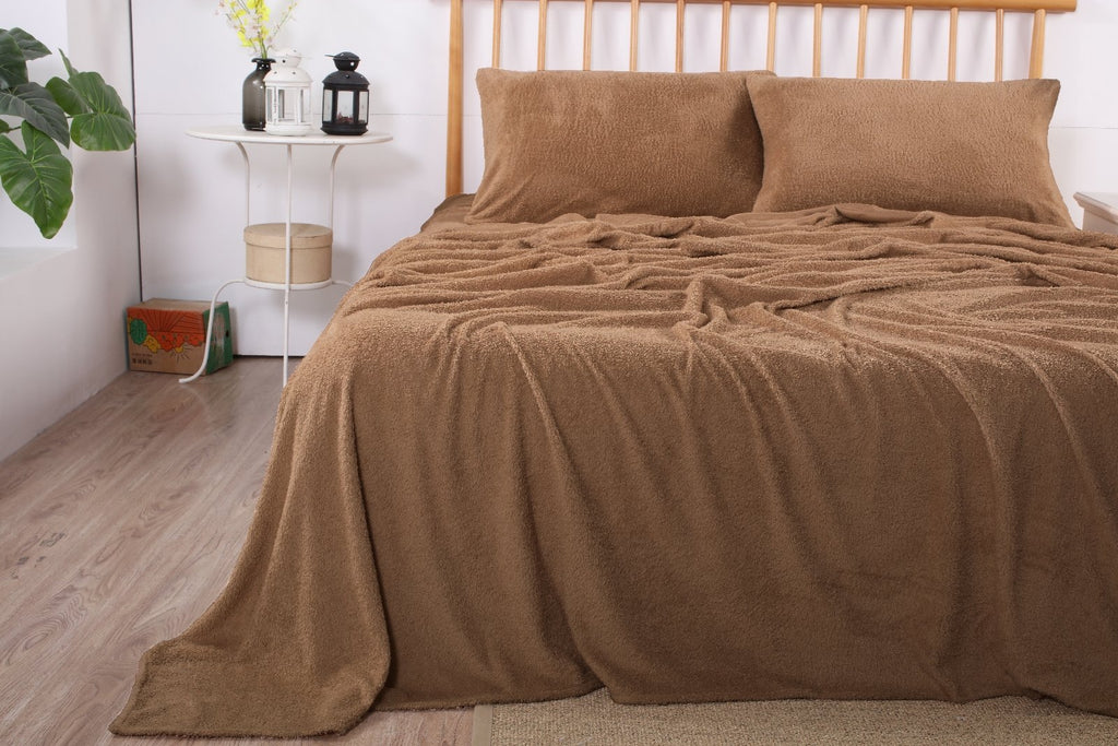 Fluffy Teddy Fleece Sheet Set | Ultra Warm Bedding Cover Soft Fluffy Sheets |5 Sizes - 6 Colours Bed Sheets Single / Camel Ontrendideas Bed and Bath