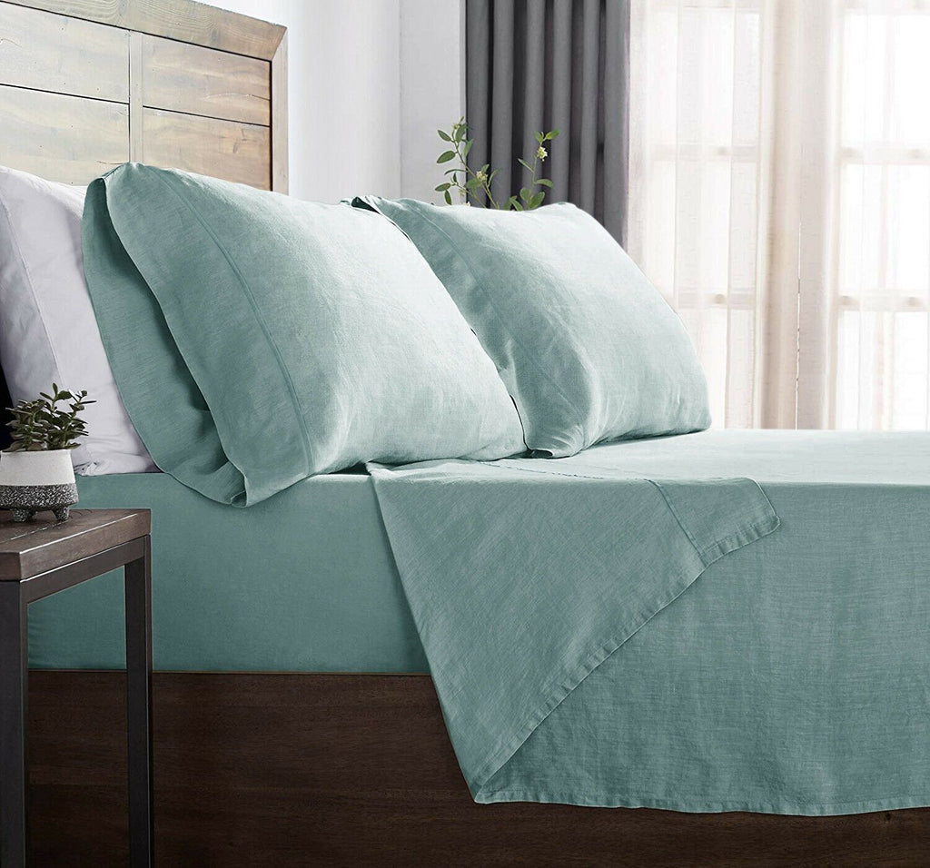Premium Touch  French Linen Cotton Sheet Set | Luxury Breathable Linen Tencel Sheets | 5 Sizes - 6 Colours Bed Sheets Single / Soft Aqua Ontrendideas Bed and Bath