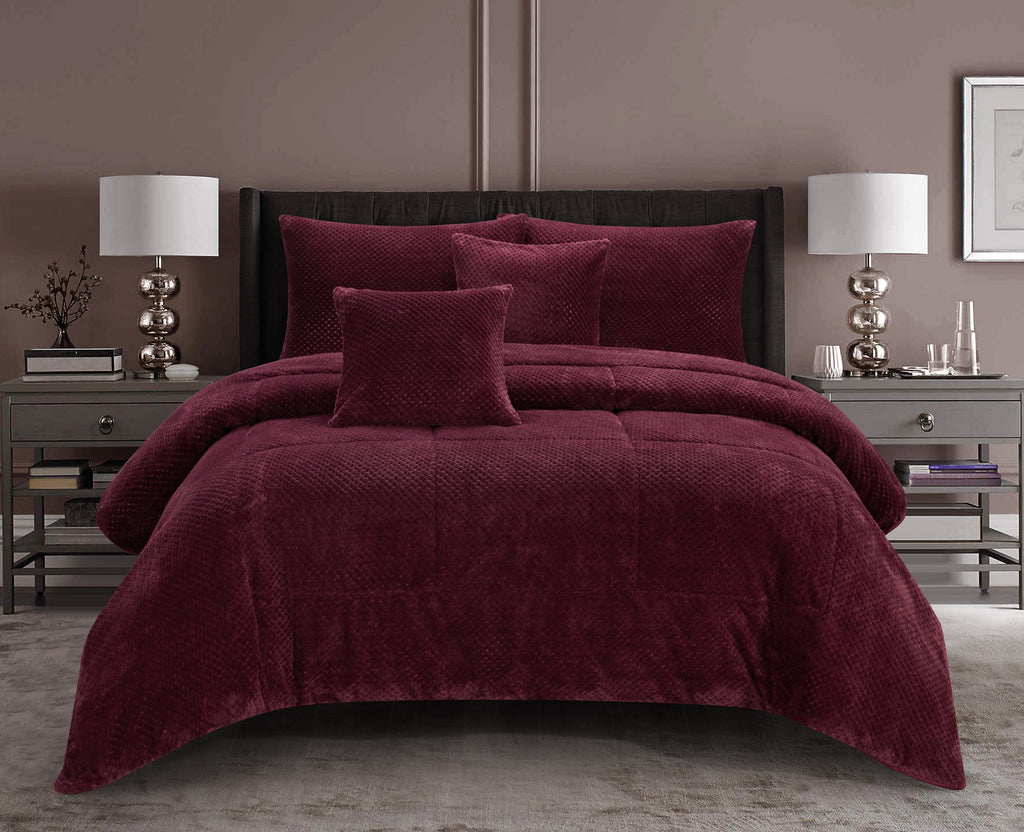 3 Piece Waffle Fleece Comforter Set | Warm Cozy Winter Soft Comforter | Fluffy Soft Bedding | 3 Sizes - 4 Colours Quilts & Comforters Double / Burgundy Ontrendideas Bed and Bath
