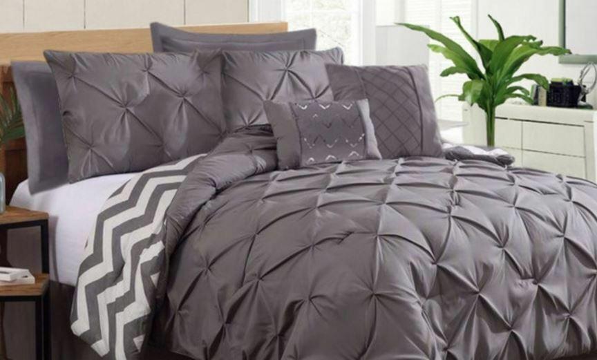 7 Piece Pinch Pleat Comforter Set | Pintuck Quilt Bedding Cover Set | Diamond Embroidery Pintuck Duvet Cover | 3 Sizes - 5 Colours Quilts & Comforters Double / Charcoal Ontrendideas Bed and Bath