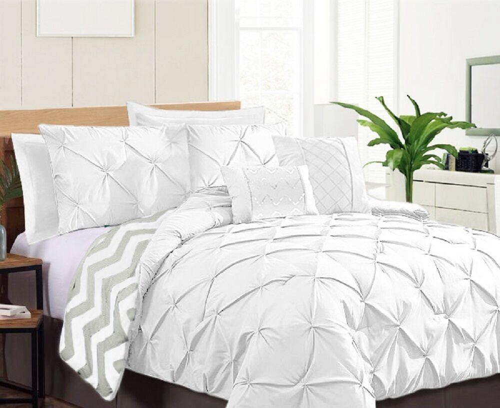 7 Piece Pinch Pleat Comforter Set | Pintuck Quilt Bedding Cover Set | Diamond Embroidery Pintuck Duvet Cover | 3 Sizes - 5 Colours Quilts & Comforters Double / White Ontrendideas Bed and Bath