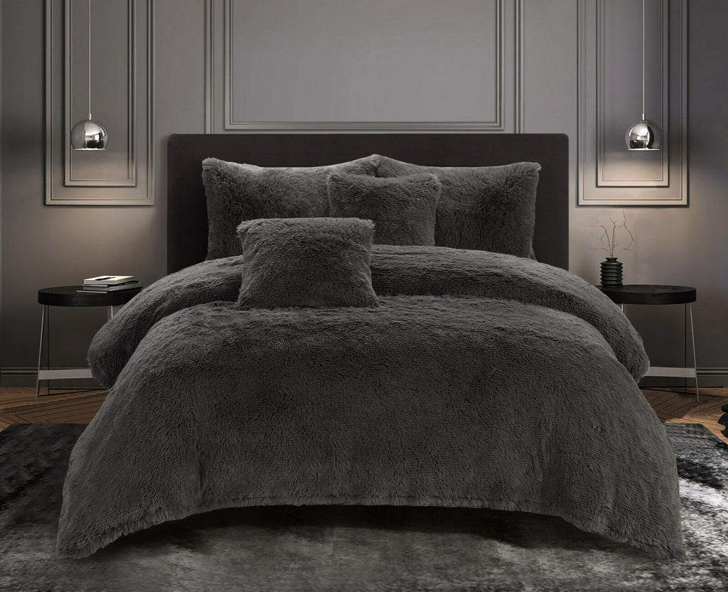5 Piece Shaggy Fleece Comforter Set | Super Warm Soft Fleece Comforter | Fluffy Soft Bedding Cover | 2 Sizes - 4 Colours Quilts & Comforters Queen / Charcoal Ontrendideas Bed and Bath