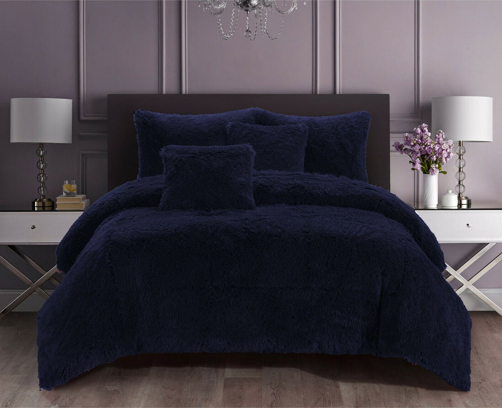 5 Piece Shaggy Fleece Comforter Set | Super Warm Soft Fleece Comforter | Fluffy Soft Bedding Cover | 2 Sizes - 4 Colours Quilts & Comforters Queen / Midnight Blue Ontrendideas Bed and Bath