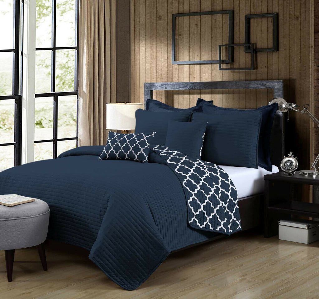 7 Piece Bamboo Reversible Comforter Set | Luxury 2-Sided 7pc Coverlet Quatrefoil Set | 2 Sizes - 5 Colours Quilts & Comforters Queen / Navy Ontrendideas Bed and Bath