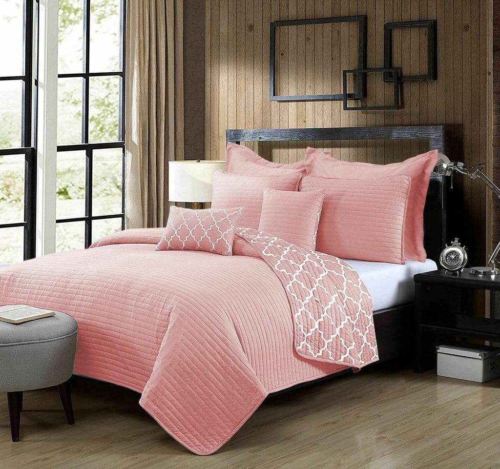 7 Piece Bamboo Reversible Comforter Set | Luxury 2-Sided 7pc Coverlet Quatrefoil Set | 2 Sizes - 5 Colours Quilts & Comforters Queen / Pink Ontrendideas Bed and Bath