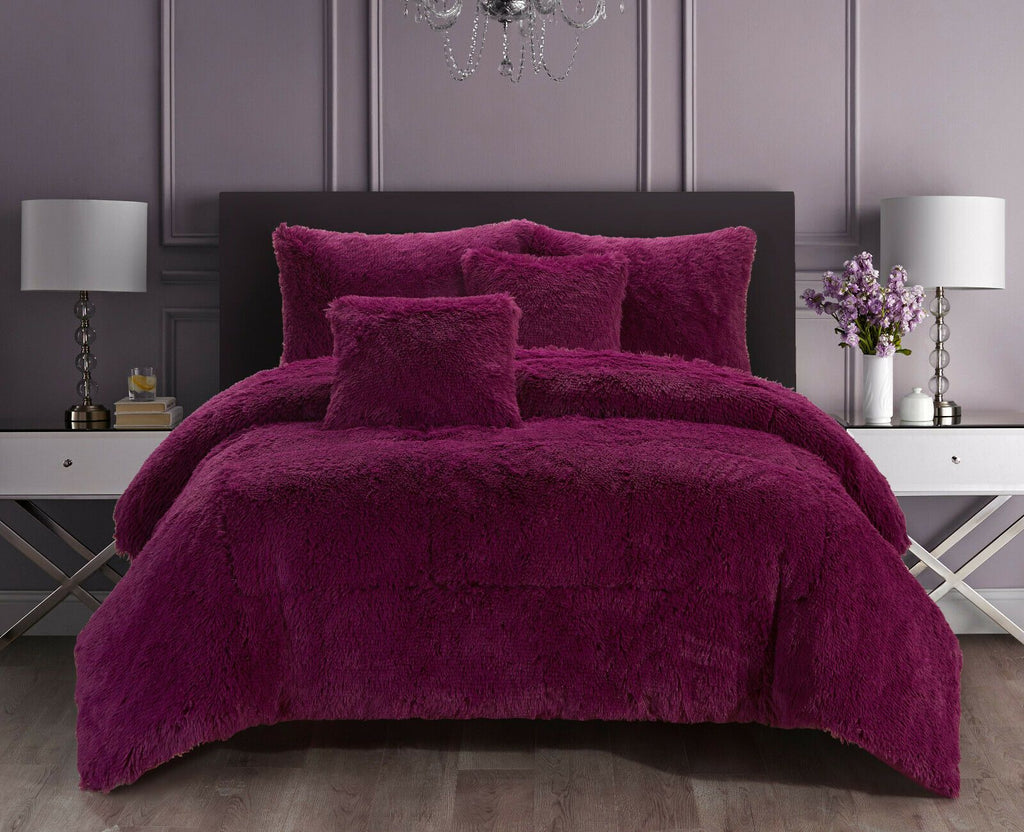5 Piece Shaggy Fleece Comforter Set | Super Warm Soft Fleece Comforter | Fluffy Soft Bedding Cover | 2 Sizes - 4 Colours Quilts & Comforters Queen / Purple Ontrendideas Bed and Bath