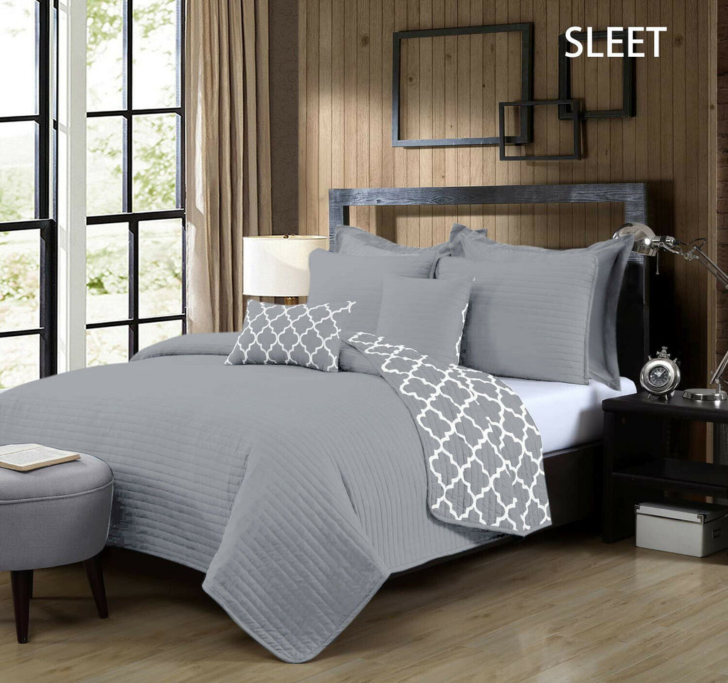 7 Piece Bamboo Reversible Comforter Set | Luxury 2-Sided 7pc Coverlet Quatrefoil Set | 2 Sizes - 5 Colours Quilts & Comforters Queen / Sleet Ontrendideas Bed and Bath