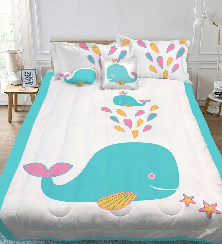 5 Piece Kids Comforter Set | 5pc Childrens Bedding Set | Kids Decor Bedding | 2 Sizes - 12 Designs Quilts & Comforters Single / Baby Blue Whale Ontrendideas Bed and Bath