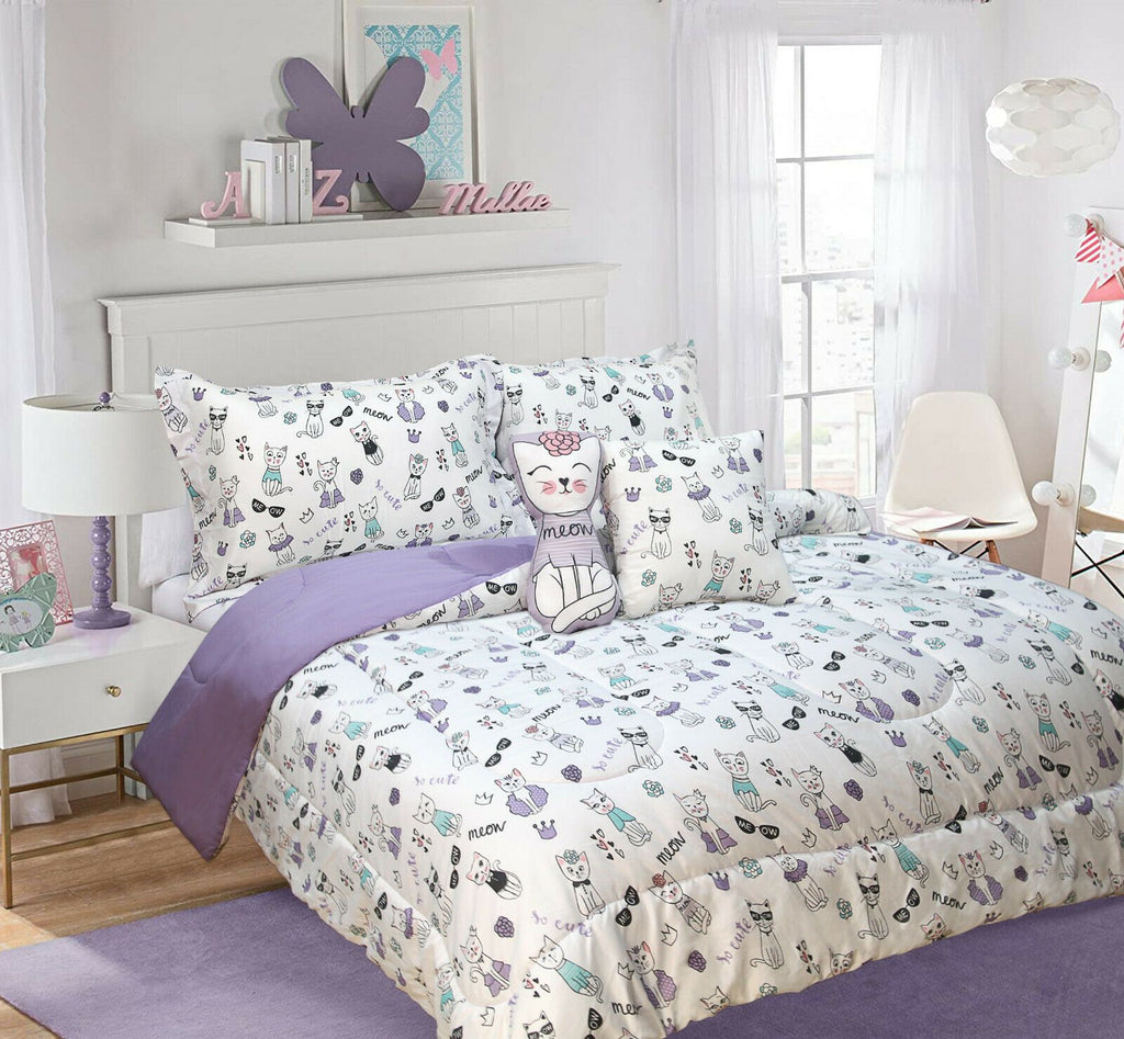 5 Piece Kids Comforter Set | 5pc Childrens Bedding Set | Kids Decor Bedding | 2 Sizes - 12 Designs Quilts & Comforters Single / Cats Ontrendideas Bed and Bath