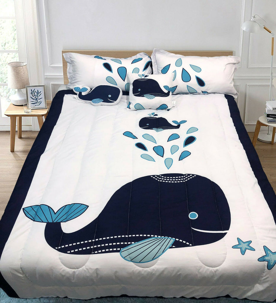 5 Piece Kids Comforter Set | 5pc Childrens Bedding Set | Kids Decor Bedding | 2 Sizes - 12 Designs Quilts & Comforters Single / Navy Whale Ontrendideas Bed and Bath